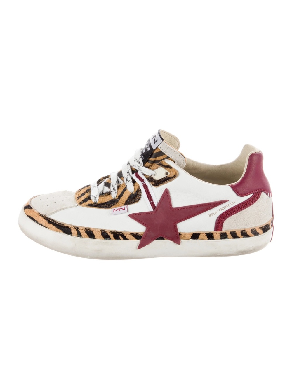 Mark Nason White Sneakers with Burgundy Star & Tiger-Print Trim